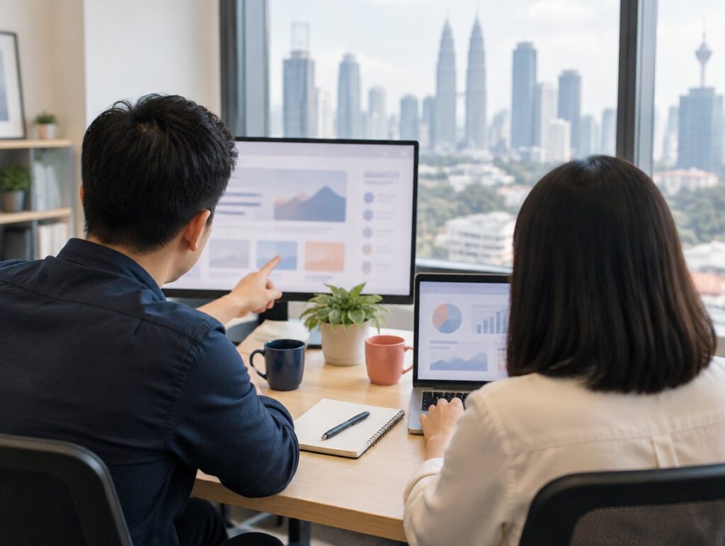Two founders working on a client website
